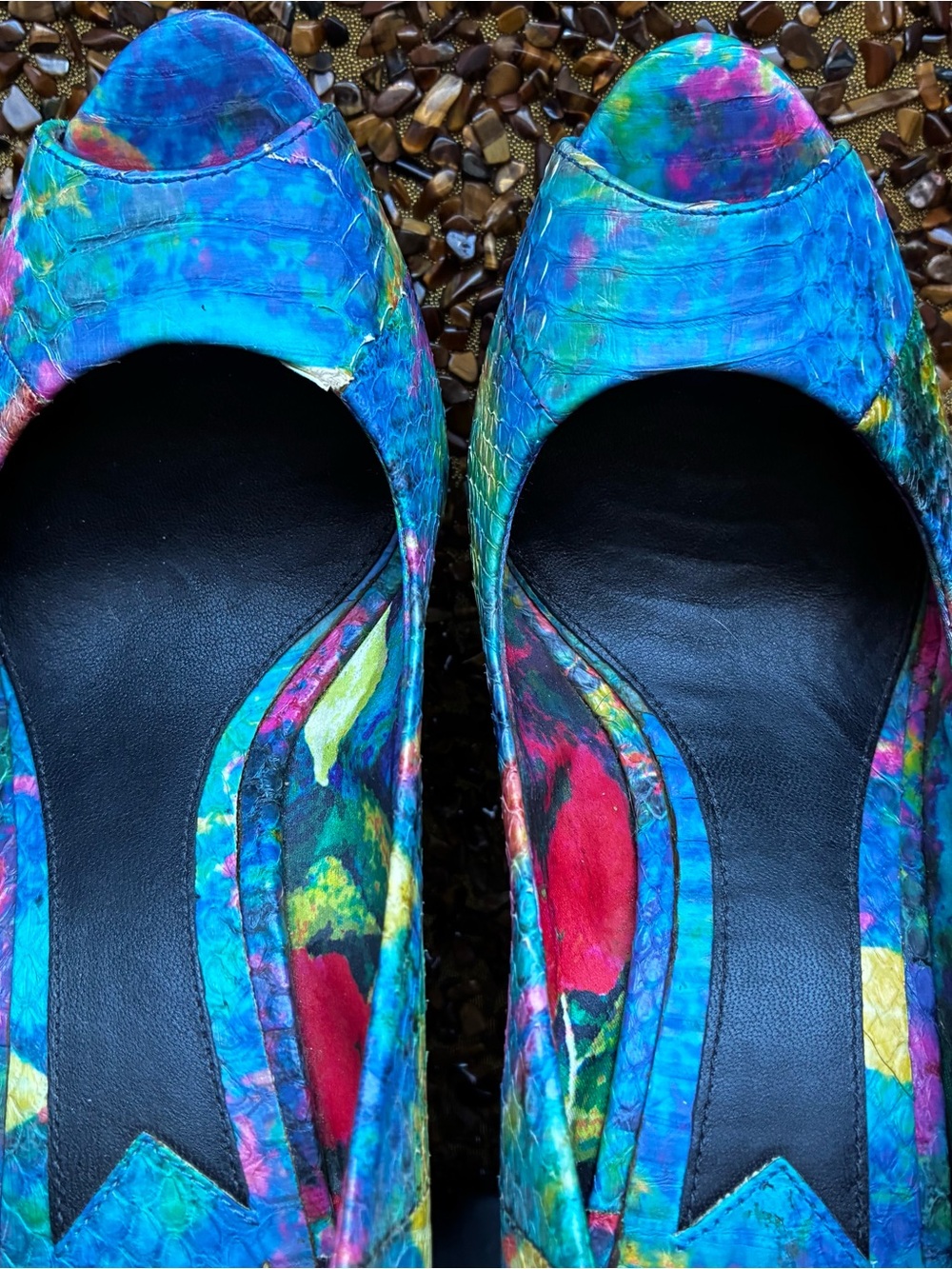Brian Atwood Multicolor Open-Toe 5 inch Summer Heels with Blue Dominant Pattern